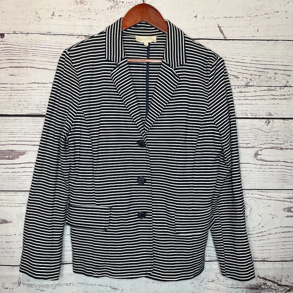 Talbots Womens Black White Notch Lapel Striped 3-Button Blazer Jacket Size XL